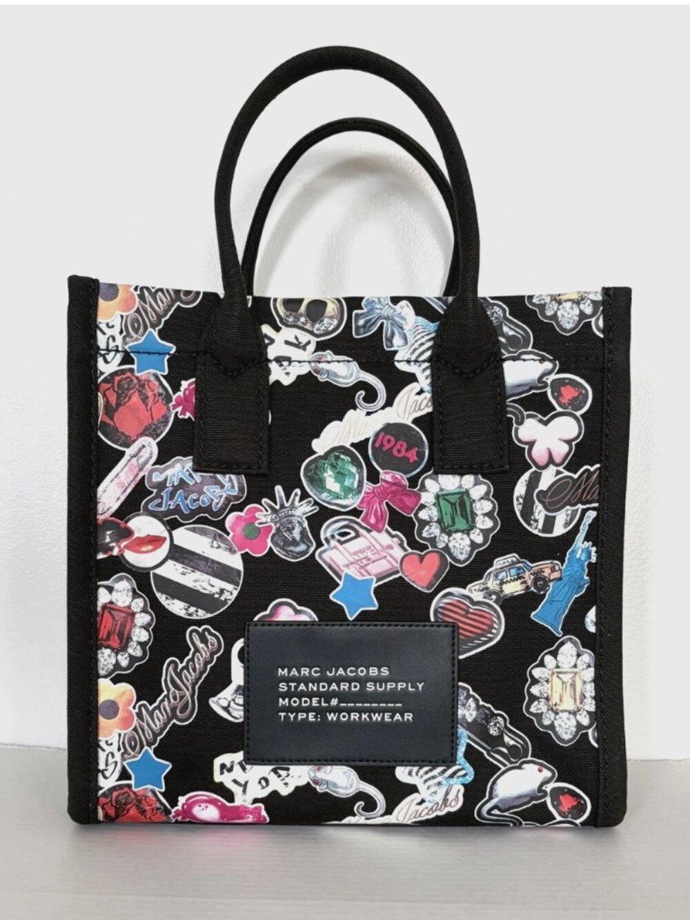 New Marc Jacobs Cotton Canvas Graphic Sticker-Print Medium Tote Black Multi